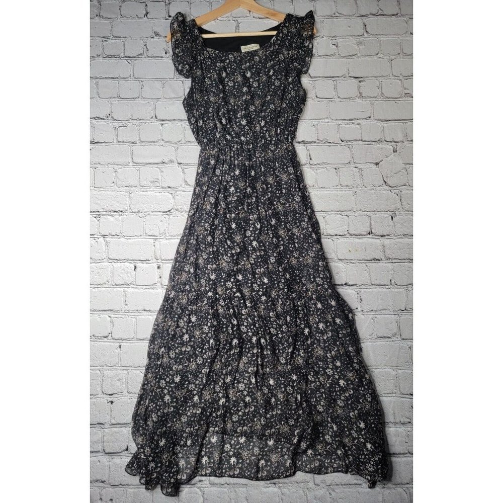 Le Ragazze Silk Black Small Floral Print Tiered Hem Ruffle Sleeve Maxi Dress Med